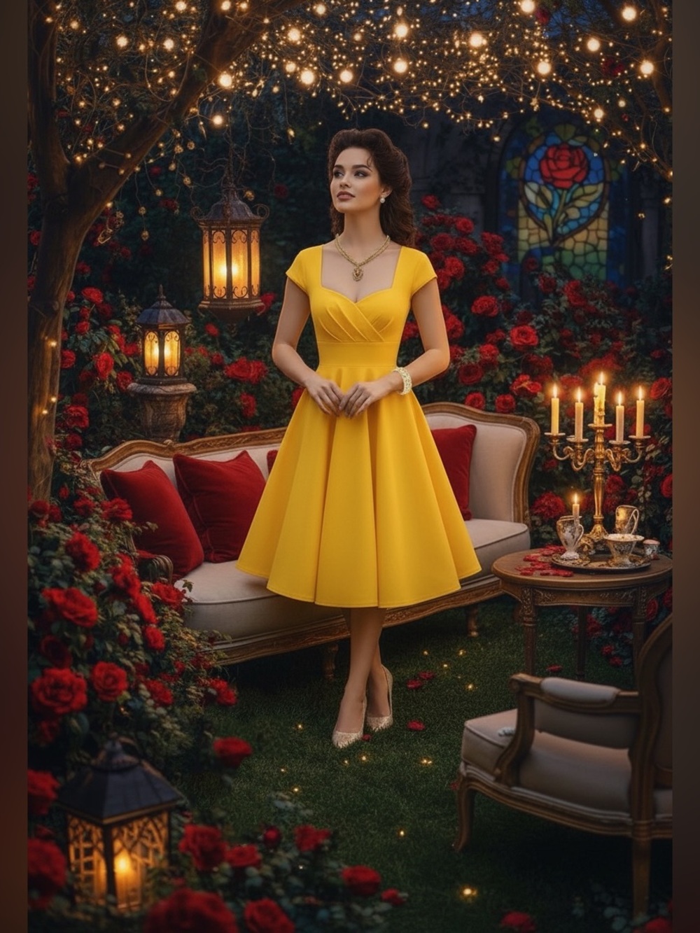 Yellow Fit-and-Flare Midi Dress with Cap Sleeves